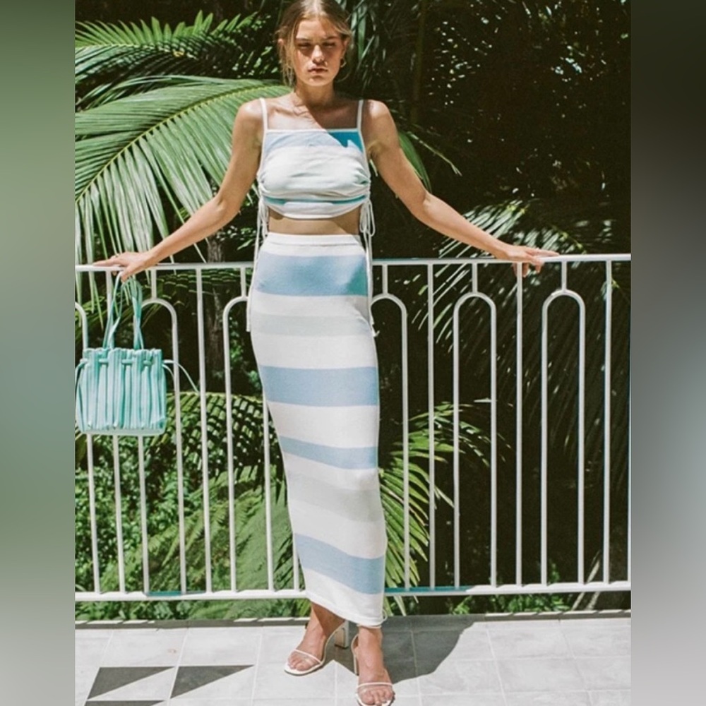 Sabo Leti Skirt Two Piece Crop Top & Midi Skirt Set Blue & White Striped Size M